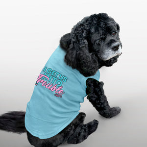 Funny, cheeky dog t shirts for all naughty puppas and a perfect gift idea for your furry friends. Custom text print "I get us into trouble". Good quality t-shirt 65% cotton 35% polyester soft material. Available colours black, red, pink and light blue.
