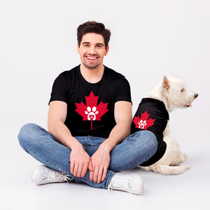 Canada Day t-shirt for dog lovers and a perfect gift idea for "pawrents". Custom print of maple leaf, heart, & paw. Good quality t-shirt 100% pre-shrunk cotton, classic fit. Available in red and black colours.